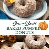 Long collage image of baked pumpkin donuts.