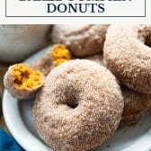 Baked pumpkin donuts with text title box at top.