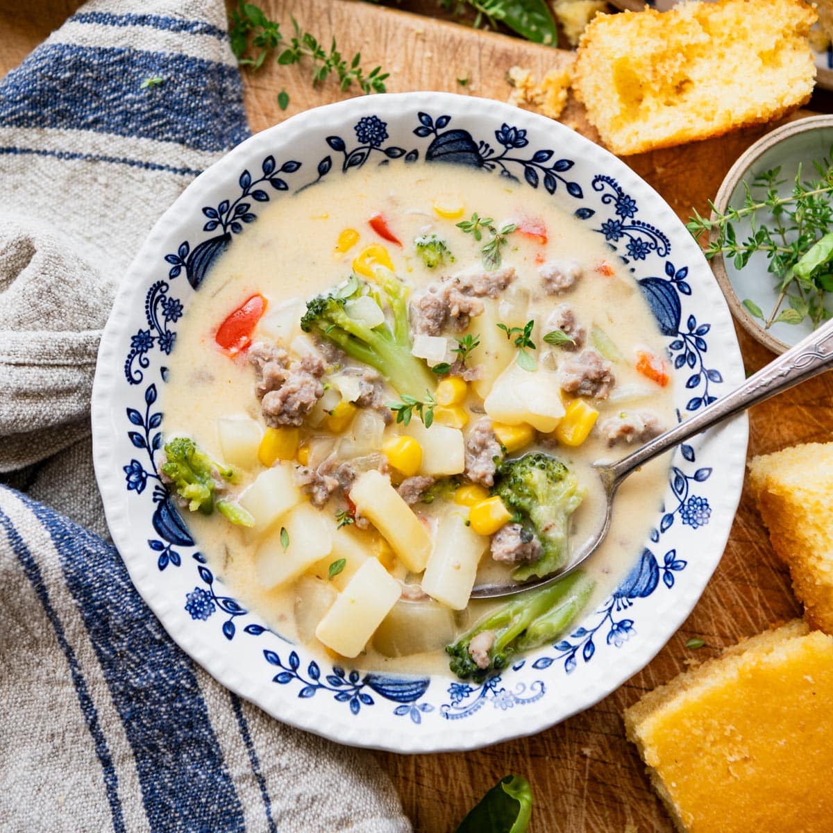 Square overhead image of cheesy sausage potato soup in a blue and white bowl.