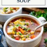 Chicken vegetable soup with text title box at top.