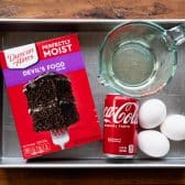 Ingredients for a coca cola cake with cake mix.