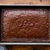 Coca cola chocolate cake in a baking pan.