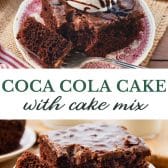 Long collage image of coca cola cake with cake mix.