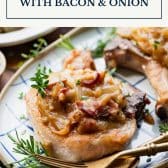 Smothered Crock Pot pork chops with bacon and onion and text title box at top.