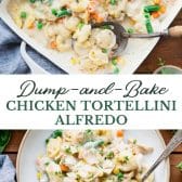 Long collage image of dump and bake chicken tortellini alfredo.