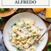 Bowl of dump and bake chicken tortellini alfredo with text title box at top.