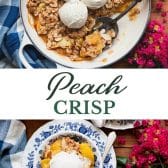 Long collage image of peach crisp recipe.