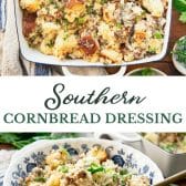 Long collage image of southern cornbread dressing recipe.
