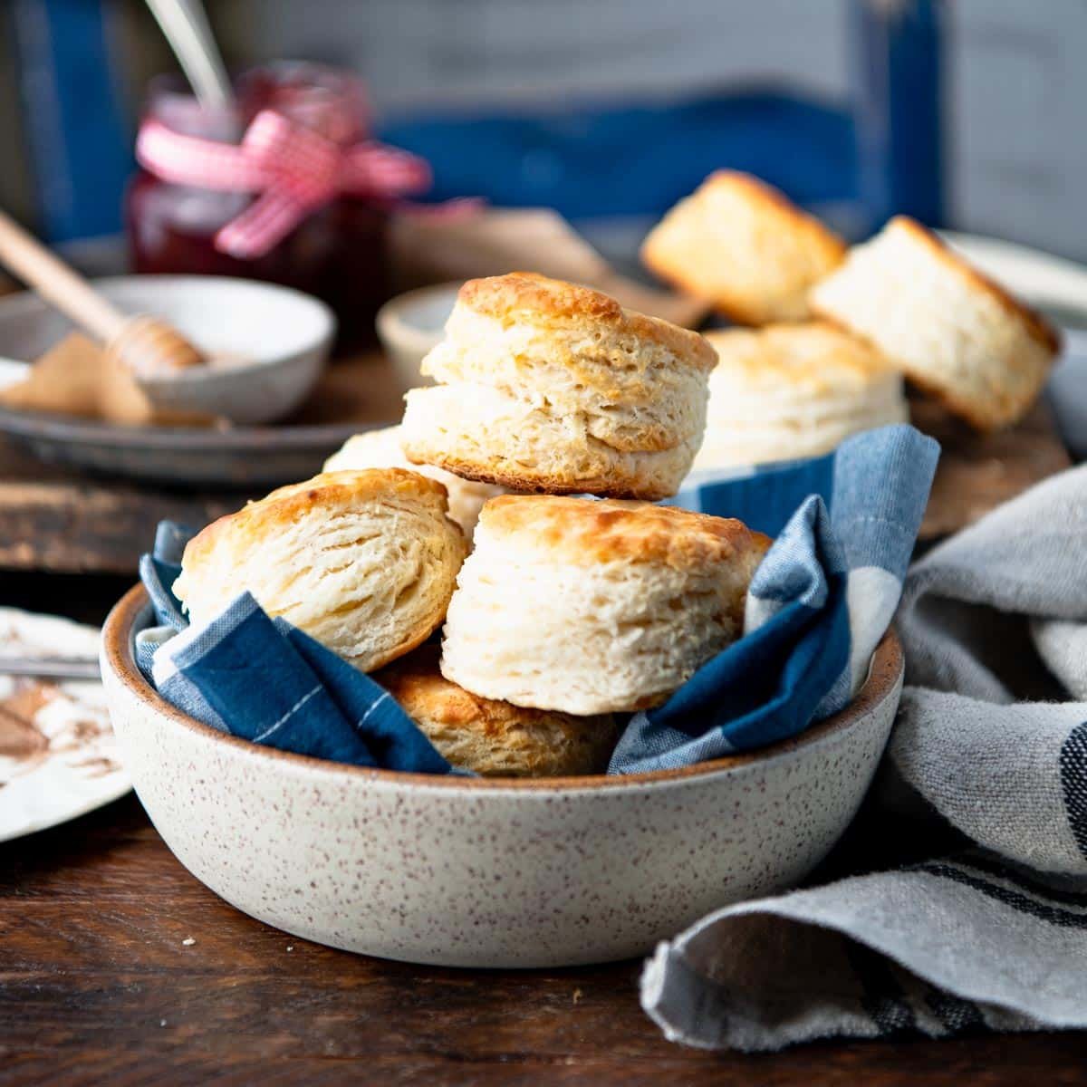 Square side shot of a bowl of 3 ingredients biscuits.