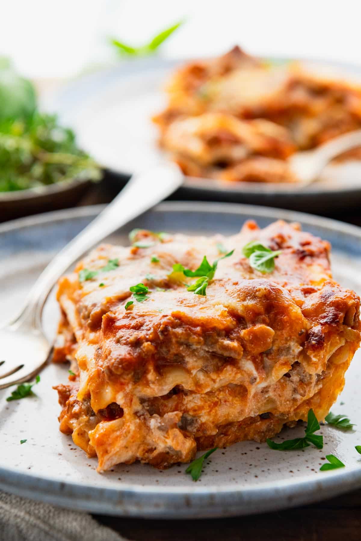 Close up side shot of a slice of the best classic lasagna recipe.
