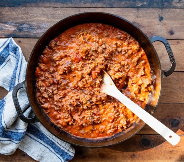 Meat sauce in a skillet.