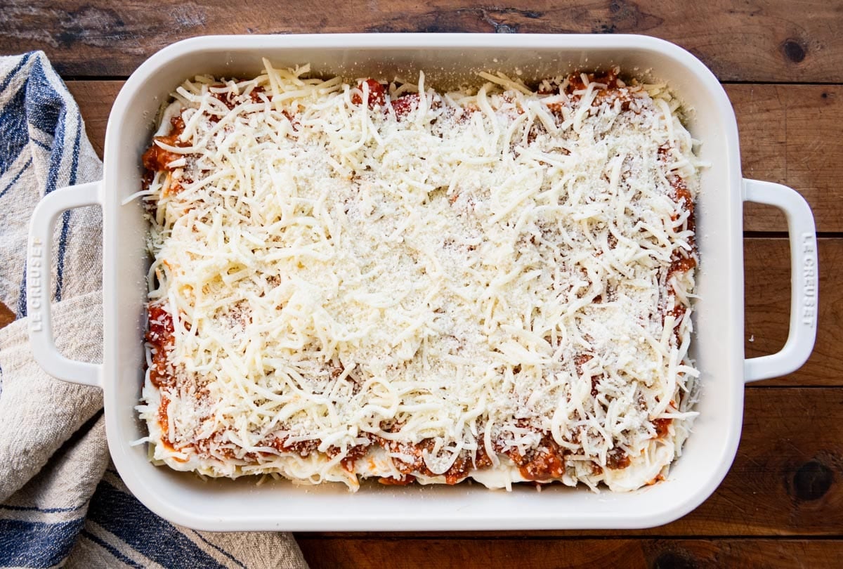 Pan of beef lasagna recipe before baking.