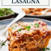 Classic lasagna recipe with text title box at top.