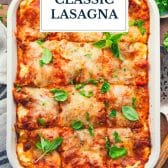 Classic lasagna recipe with text title overlay.