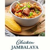 Chicken and sausage jambalaya with text title at the bottom.