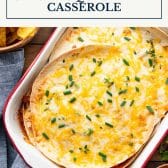 Chicken quesadilla casserole with text title box at top.