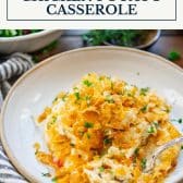 Dump-and-bake chicken potato casserole with text title box at top.