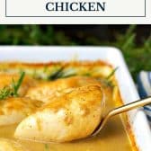 Dump-and-bake cider glazed chicken with text title box at top.