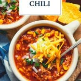 Leftover turkey chili with text title overlay.