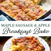 Long collage image of maple sausage and apple breakfast bake.