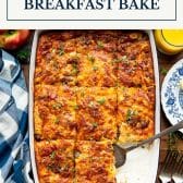 Maple sausage and apple breakfast bake with text title box at top.