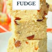 Pumpkin spice fudge with text title overlay.