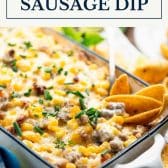 4-ingredient sausage dip with corn and text title box at top.