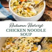 Long collage image of Autumn Harvest Chicken Noodle Soup.