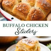 Long collage image of Buffalo chicken sliders.