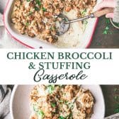 Long collage image of chicken broccoli stuffing casserole.