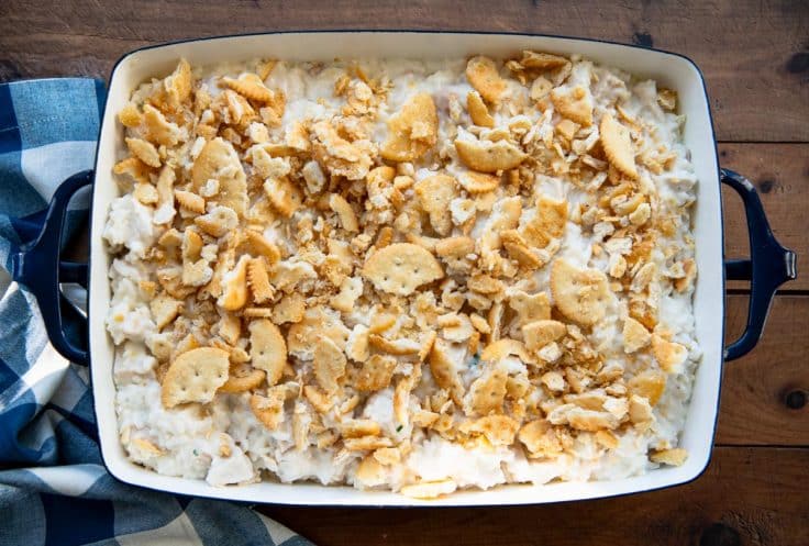 Process shot showing how to make chicken and rice casserole from scratch.