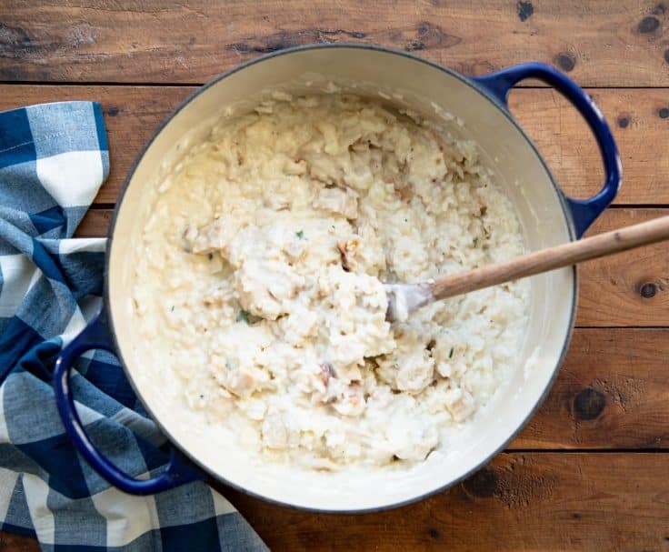 Process shot showing how to make chicken and rice casserole without cream soup.