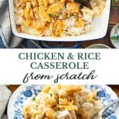 Long collage image of chicken and rice casserole from scratch.