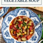 Crockpot vegetable soup with text title box at top.