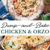 Long collage image of Dump-and-bake chicken orzo recipe.