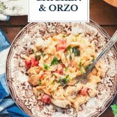 Dump-and-bake chicken orzo recipe with text title overlay.