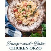 Dump-and-bake chicken orzo recipe with text title at the bottom.