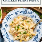 Dump-and-bake chicken penne pasta casserole with text title box at top.
