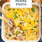 Dump-and-bake chicken penne pasta casserole with text title overlay.