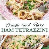Long collage image of Dump and bake ham tetrazzini.