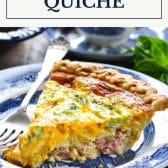 Ham and broccoli quiche with text title box at top.