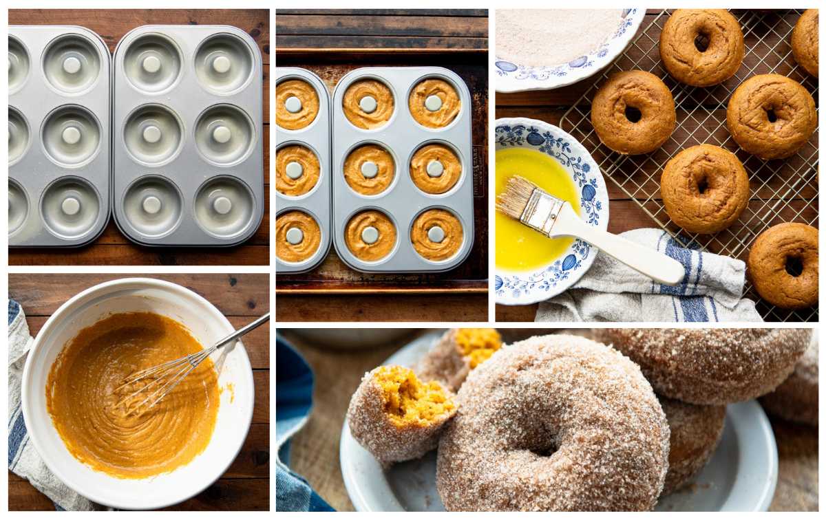 Collage image showing process shots for how to make pumpkin donuts.