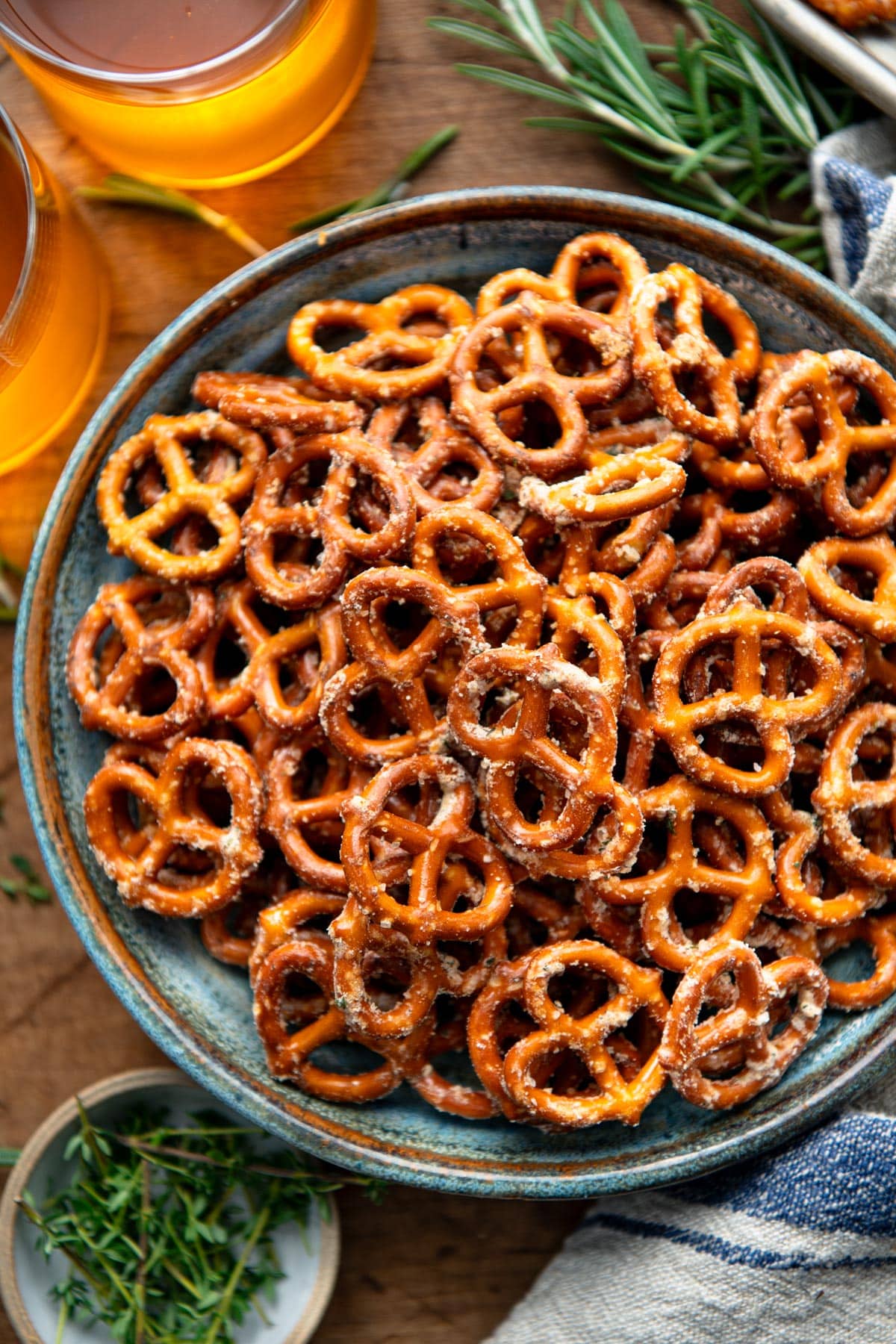 Close overhead shot of easy garlic ranch pretzels in a bowl.