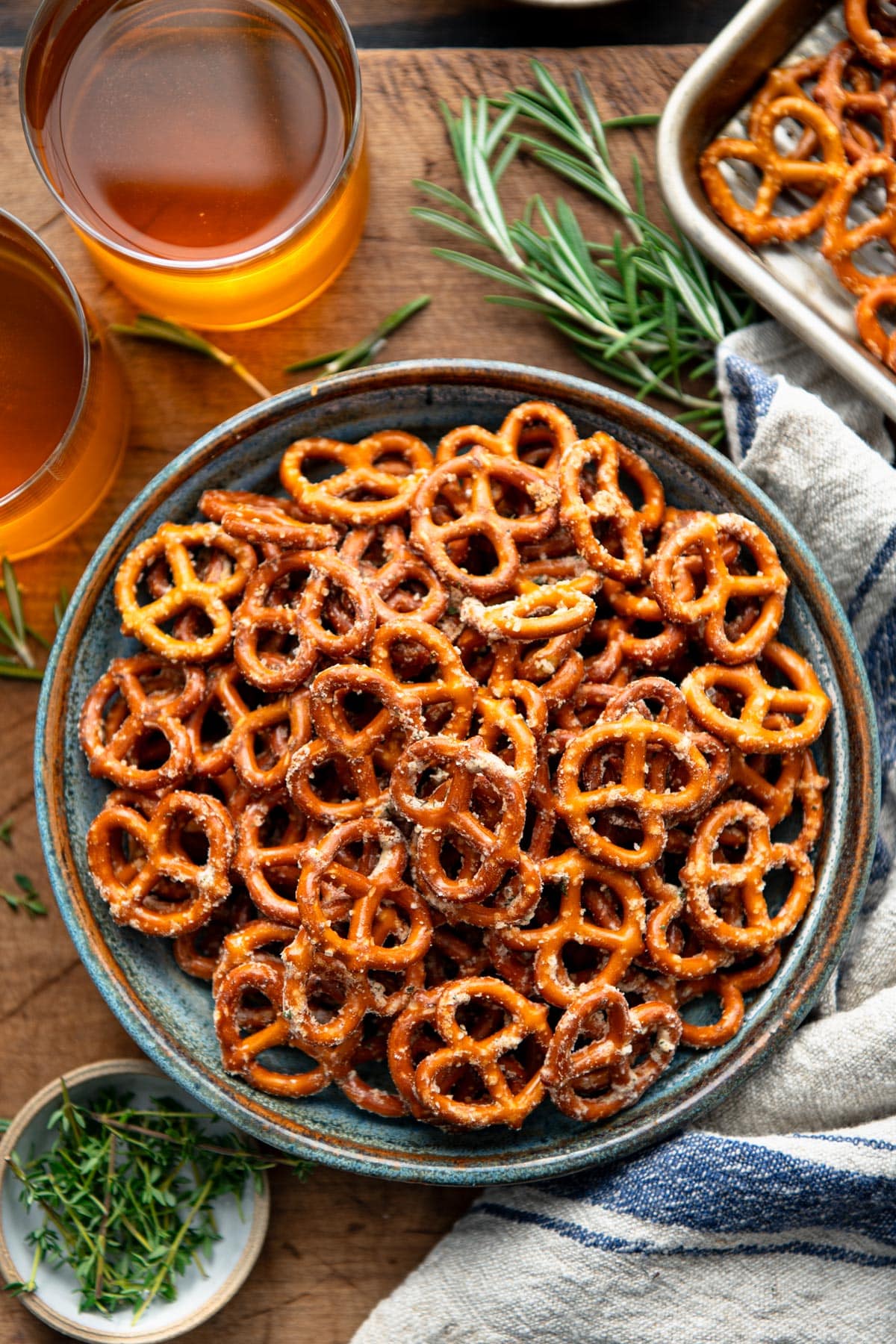 Overhead shot of a bowl of easy ranch pretzels.