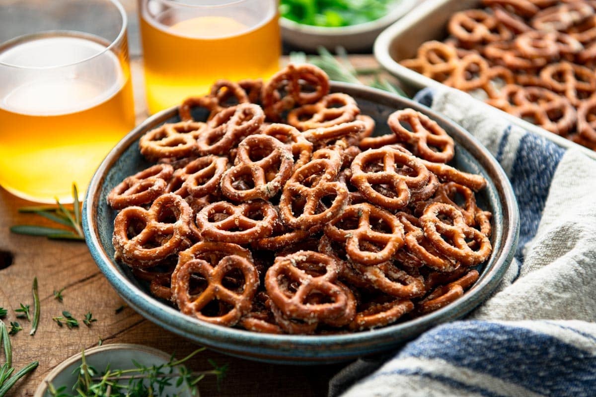 Horizontal side shot of a bowl of easy ranch pretzels.