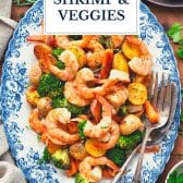 Sheet pan shrimp and vegetables with text title overlay.
