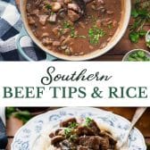 Long collage image of Southern Southern beef tips and rice.
