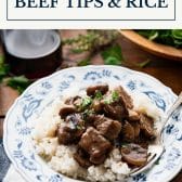 Southern beef tips and rice with text title box at top.