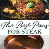 Long collage image of the best pans for cooking steak.