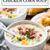 Crock Pot chicken corn soup recipe with text title box at top.